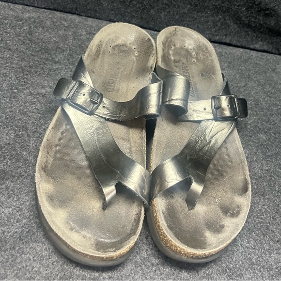 Mephisto Helen pewter Leather Strap Suede Sole Sandals Flats Shoes Size 39 - Picture 1 of 9